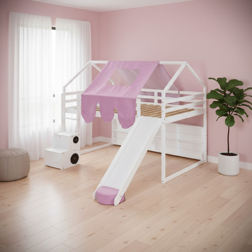HomeRoots White Four Poster Loft Bed with Slide & Shelves - Space-Saving Design for Kids’ Bedrooms & Playrooms 601693