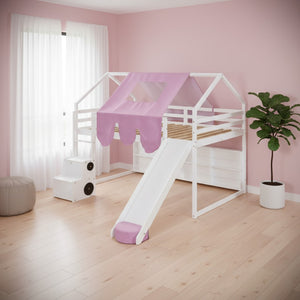 HomeRoots White Four Poster Loft Bed with Slide & Shelves - Space-Saving Design for Kids’ Bedrooms & Playrooms 601693