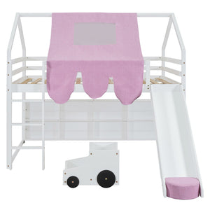 HomeRoots White Four Poster Loft Bed with Slide & Shelves - Space-Saving Design for Kids’ Bedrooms & Playrooms 601693