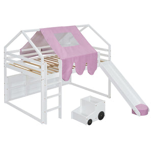 HomeRoots White Four Poster Loft Bed with Slide & Shelves - Space-Saving Design for Kids’ Bedrooms & Playrooms 601693