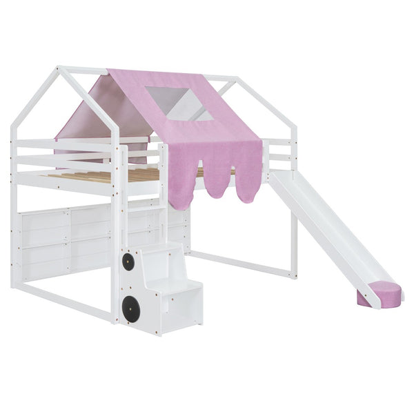 HomeRoots White Four Poster Loft Bed with Slide & Shelves - Space-Saving Design for Kids’ Bedrooms & Playrooms 601693