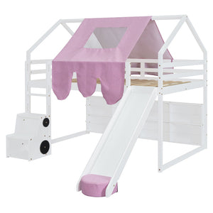 HomeRoots White Four Poster Loft Bed with Slide & Shelves - Space-Saving Design for Kids’ Bedrooms & Playrooms 601693