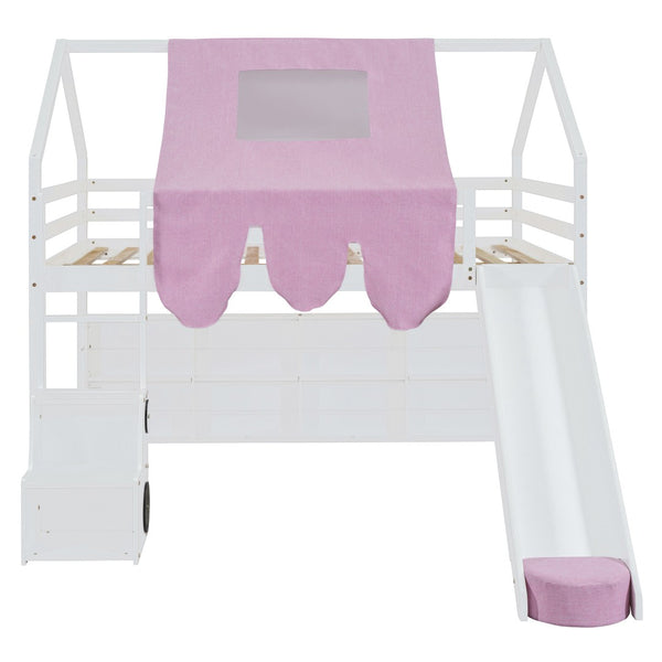 HomeRoots White Four Poster Loft Bed with Slide & Shelves - Space-Saving Design for Kids’ Bedrooms & Playrooms 601693