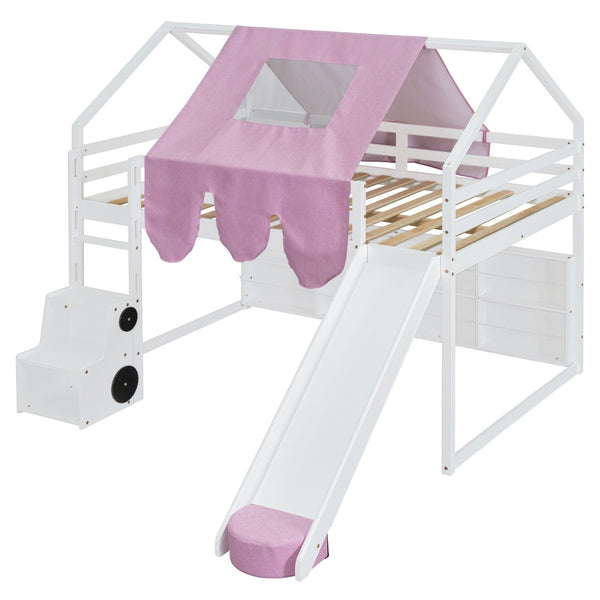 HomeRoots White Four Poster Loft Bed with Slide & Shelves - Space-Saving Design for Kids’ Bedrooms & Playrooms 601693