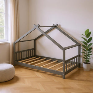 HomeRoots Gray Four Poster Twin Loft Bed – Stylish Space-Saving Design with Under-Bed Storage & Elegant Finish 601694