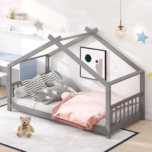 HomeRoots Gray Four Poster Twin Loft Bed – Stylish Space-Saving Design with Under-Bed Storage & Elegant Finish 601694