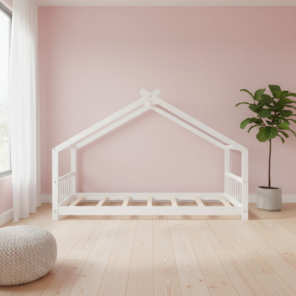 HomeRoots White Four Poster Twin Loft Bed – Elegant Space-Saving Design for Kids’ Rooms, Durable & Stylish 601695