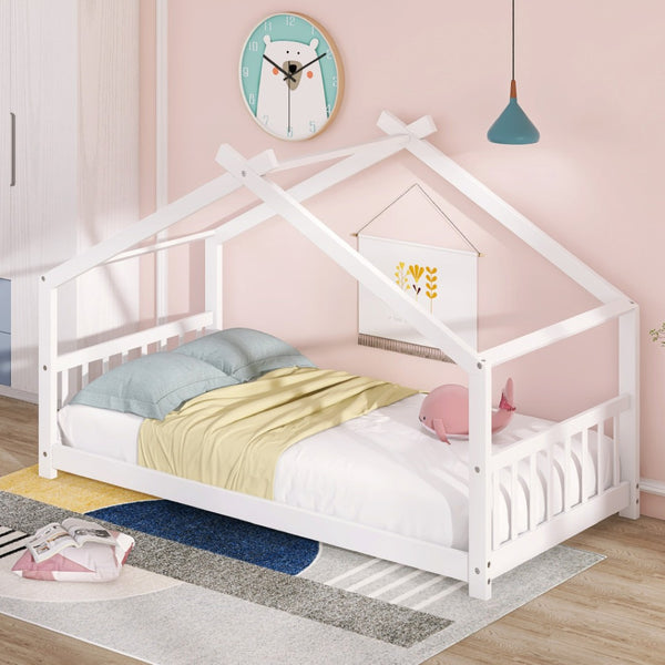 HomeRoots White Four Poster Twin Loft Bed – Elegant Space-Saving Design for Kids’ Rooms, Durable & Stylish 601695
