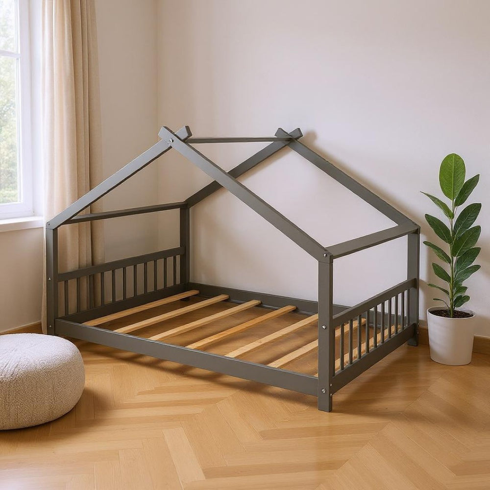 HomeRoots Gray Four Poster Full Double Loft Bed - Stylish Space-Saving Design with Durable Wood Construction 601697