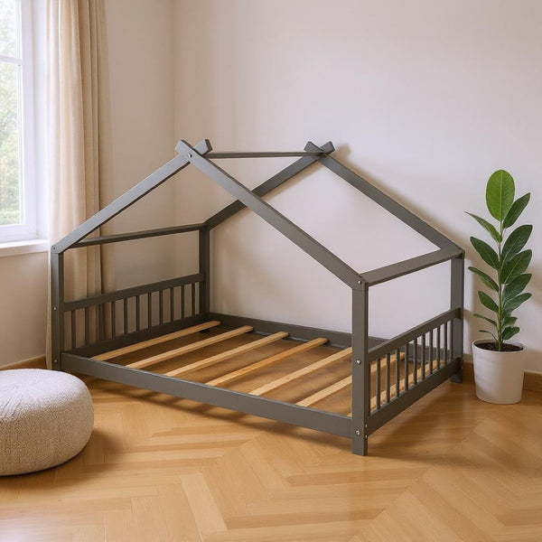 HomeRoots Gray Four Poster Full Double Loft Bed - Stylish Space-Saving Design with Durable Wood Construction 601697