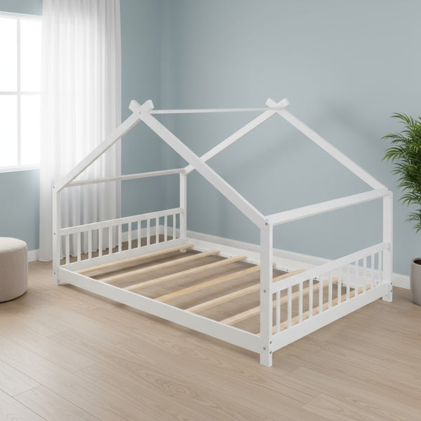 HomeRoots White Four Poster Loft Bed - Elegant Space-Saving Design for Full Double Mattress, Stylish & Sturdy 601698