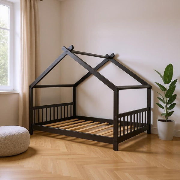 HomeRoots Espresso Four-Poster Loft Bed - Space-Saving Full/Double Bed with Elegant Design & Durable Frame 601699