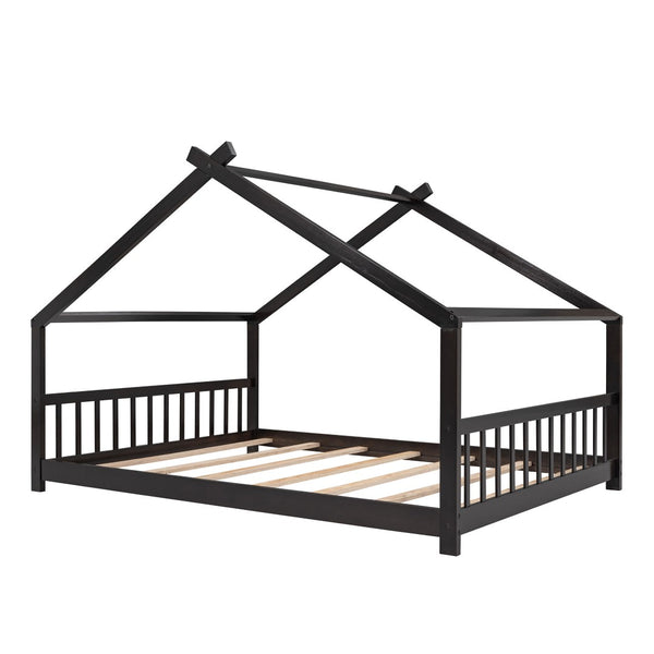 HomeRoots Espresso Four-Poster Loft Bed - Space-Saving Full/Double Bed with Elegant Design & Durable Frame 601699