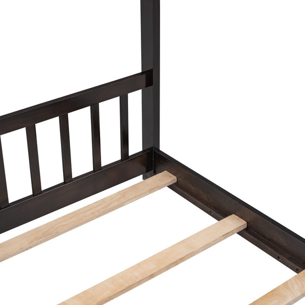 HomeRoots Espresso Four-Poster Loft Bed - Space-Saving Full/Double Bed with Elegant Design & Durable Frame 601699