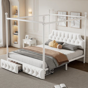 English Elm Queen Metal Canopy Platform Bed with Upholstered Velvet Headboard, Built-In Storage Drawers, White Elegance DL000656AAK