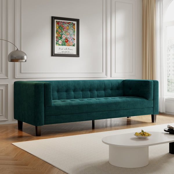 English Elm Christopher Knight Home® - 3-Seater Elegant Tufted Velvet Sofa with Solid Eucalyptus Frame, High-Density Foam Cushions and Dark Wood Legs Frosty Green N765P165496