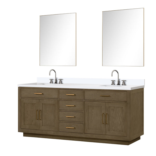 English Elm Grey Oak Double Bath Vanity Set With White Quartz Top, 2 Faucets & 36" Mirrors For Modern Bathrooms B2731S01821