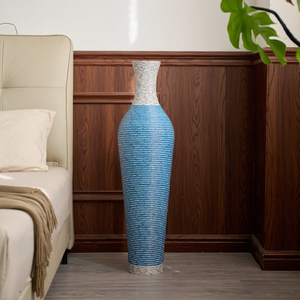 English Elm 39-Inch Tall Designer Floor Vase in Lake Blue PVC with Brushed Gold Accents for Dramatic Room Styling W2796P300933