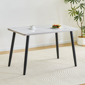 English Elm Modern Marble Look Tempered Glass Dining Table Seats Six with Tapered Black Metal Legs W1151S04621