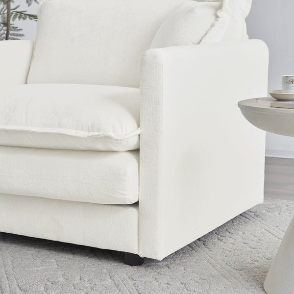 English Elm Mid-century Modern Chenille Sofa with Tapered Wood Legs and Five Accent Pillows W714S00557
