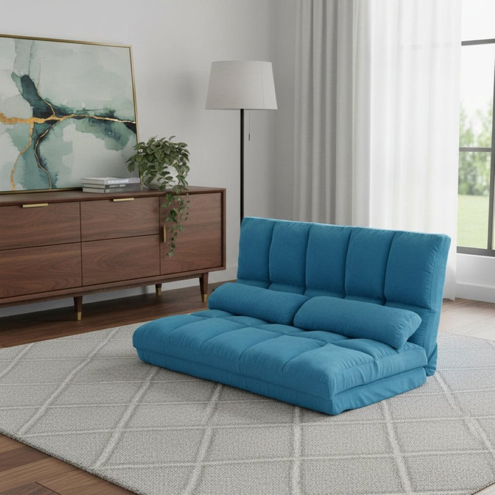 HomeRoots 47" Blue Linen Reclining Sofa with Metal Frame & Toss Pillows – Modern Comfort for Small Spaces! 601952