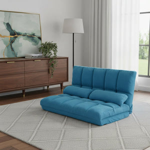 HomeRoots 47" Blue Linen Reclining Sofa with Metal Frame & Toss Pillows – Modern Comfort for Small Spaces! 601952