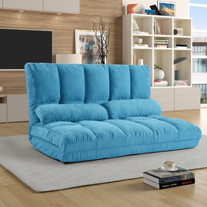 HomeRoots 47" Blue Linen Reclining Sofa with Metal Frame & Toss Pillows – Modern Comfort for Small Spaces! 601952