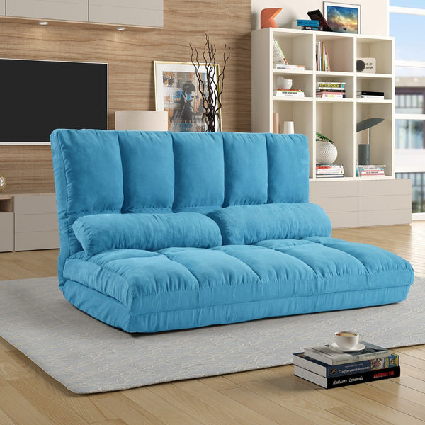 HomeRoots 47" Blue Linen Reclining Sofa with Metal Frame & Toss Pillows – Modern Comfort for Small Spaces! 601952