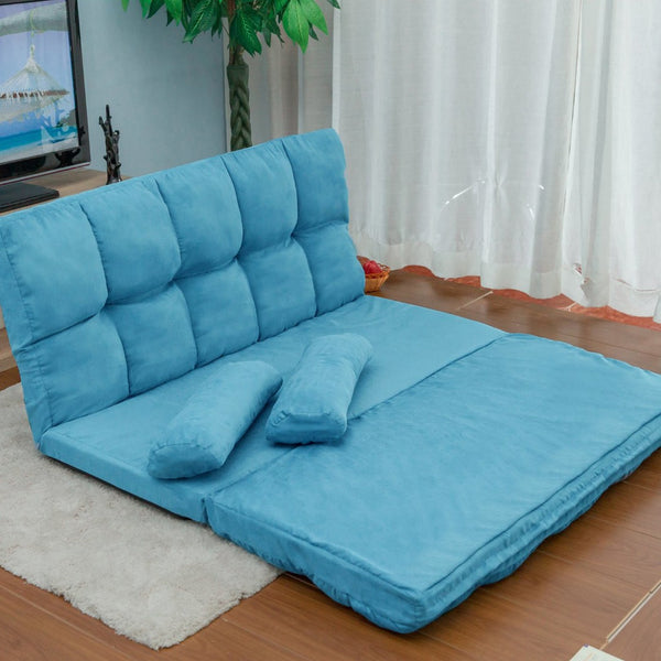 HomeRoots 47" Blue Linen Reclining Sofa with Metal Frame & Toss Pillows – Modern Comfort for Small Spaces! 601952