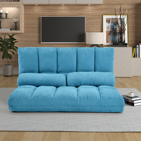 HomeRoots 47" Blue Linen Reclining Sofa with Metal Frame & Toss Pillows – Modern Comfort for Small Spaces! 601952