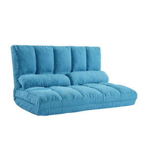 HomeRoots 47" Blue Linen Reclining Sofa with Metal Frame & Toss Pillows – Modern Comfort for Small Spaces! 601952