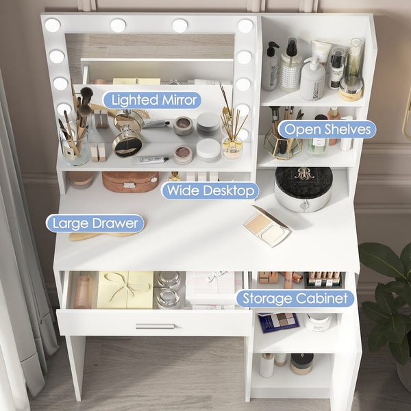 English Elm Vanity LED Mirror Dressing Table with 12 Bulbs, Adjustable 3-Mode Brightness and Large Drawer Storage White W3457P336676