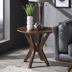 Round Walnut Sunburst Veneer End Table with Geometric Base for Living Rooms