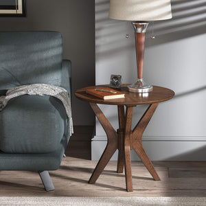 Round Walnut Sunburst Veneer End Table with Geometric Base for Living Rooms