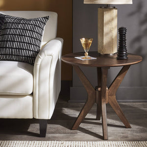 Round Walnut Sunburst Veneer End Table with Geometric Base for Living Rooms