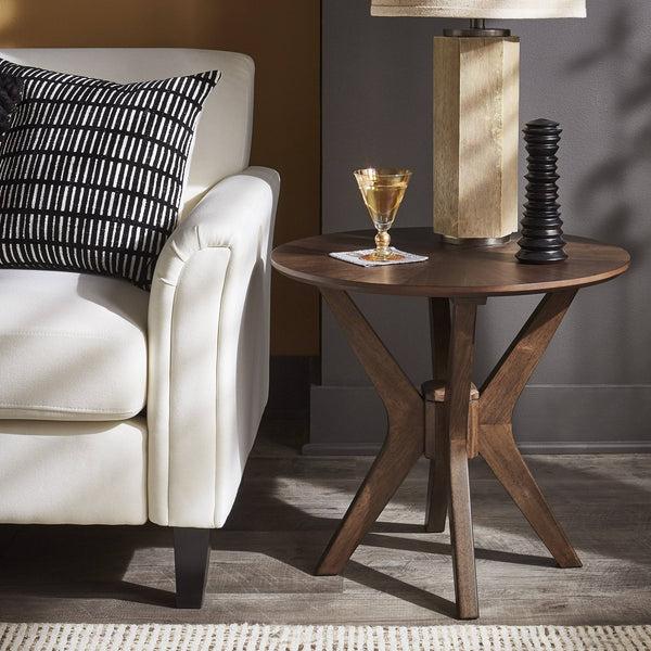 Round Walnut Sunburst Veneer End Table with Geometric Base for Living Rooms