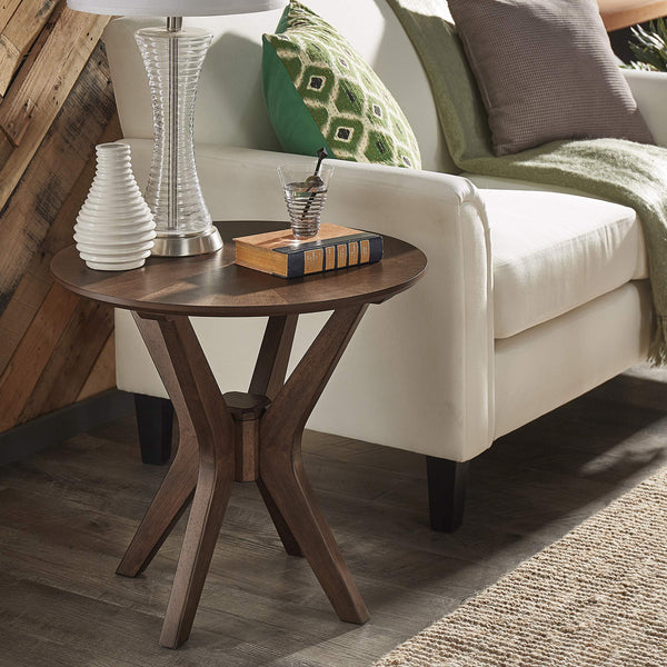 Round Walnut Sunburst Veneer End Table with Geometric Base for Living Rooms