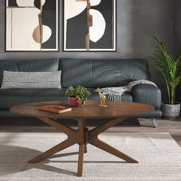 Shaynah Round Walnut Sunburst Veneer Coffee Table Mid-century Living Room