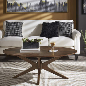 Shaynah Round Walnut Sunburst Veneer Coffee Table Mid-century Living Room