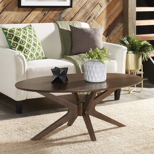 Shaynah Round Walnut Sunburst Veneer Coffee Table Mid-century Living Room