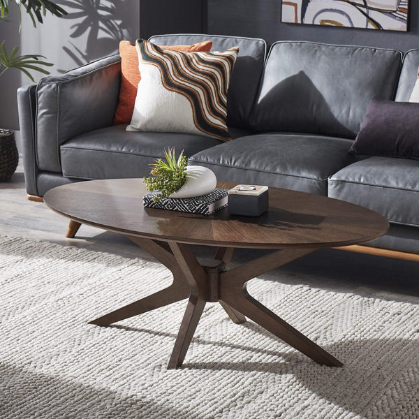 Shaynah Round Walnut Sunburst Veneer Coffee Table Mid-century Living Room