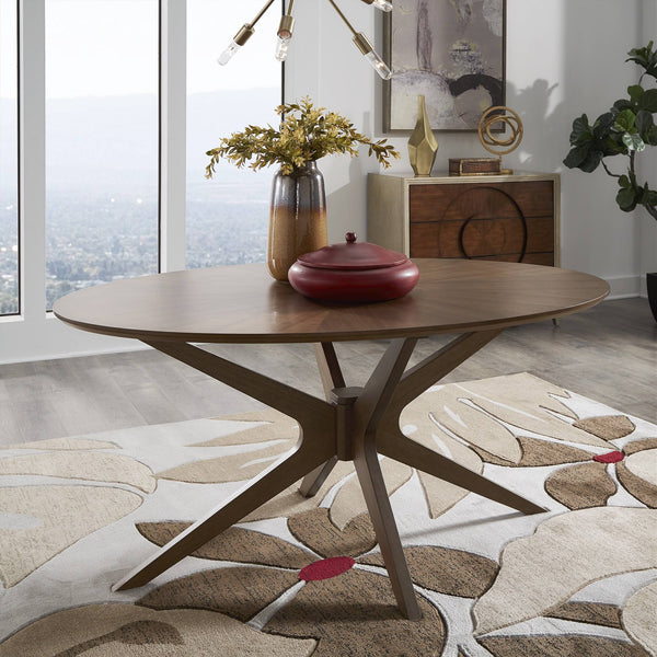 Shaynah Oval Walnut Veneer Pedestal Dining Table Mid-century Seats Four