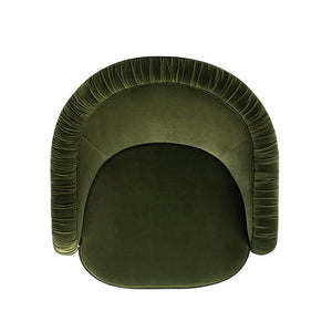 English Elm Jennifer Taylor Home - Serena Olive Green Performance Velvet Barrel Back Accent Chair with Ruched Texture & Bullion Fringe Elegance B2719P355285