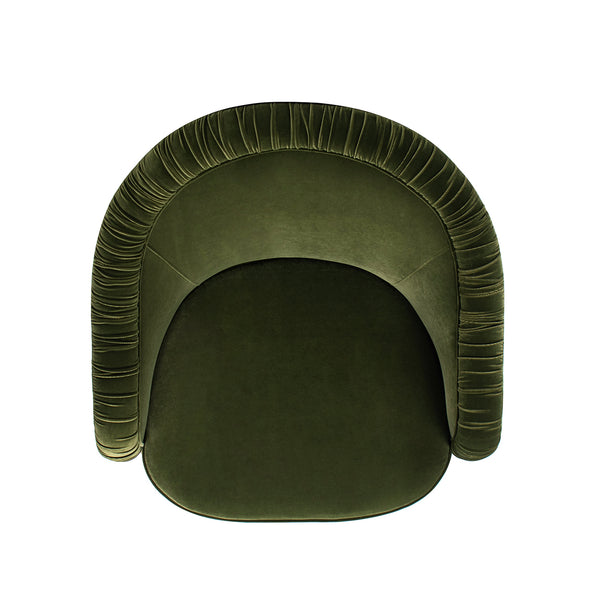 English Elm Jennifer Taylor Home - Serena Olive Green Performance Velvet Barrel Back Accent Chair with Ruched Texture & Bullion Fringe Elegance B2719P355285