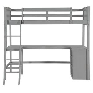 English Elm Twin Loft Bed with Built-in Desk and Open Shelves Solid Pine Kids Study Sleep Gray LT001537AAE-1