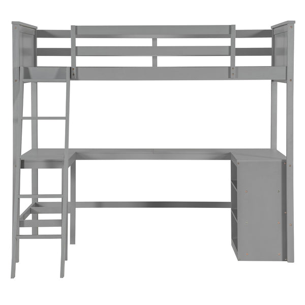 English Elm Twin Loft Bed with Built-in Desk and Open Shelves Solid Pine Kids Study Sleep Gray LT001537AAE-1