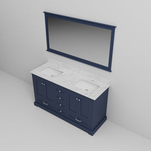 English Elm Navy Blue Double Bath Vanity With Carrara Marble Top, Soft-Close Drawers & 58" Mirrored Finish B2731S00658