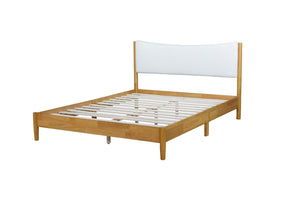 English Elm Queen Size Solid Rubberwood Bed With Boucle Upholstered Headboard, Sleek Beech White Finish & Support W504P184308-GIGA