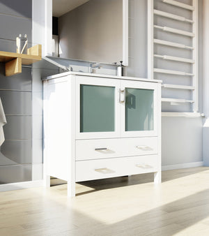 English Elm White 36 in. Bathroom Vanity with Scratch-Resistant White Ceramic Top, Chrome Faucet & 34" Mirror B2731S01288