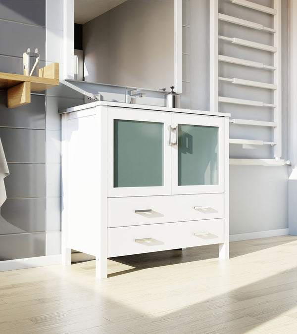 English Elm White 36 in. Bathroom Vanity with Scratch-Resistant White Ceramic Top, Chrome Faucet & 34" Mirror B2731S01288